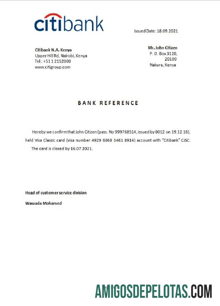 Referência de fechamento do Quênia Citibank exemplo real